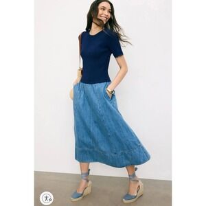 Shoshanna Faith Mixed Media Dress Blue Denim Midi Short Sleeve Lace Trim Sz L